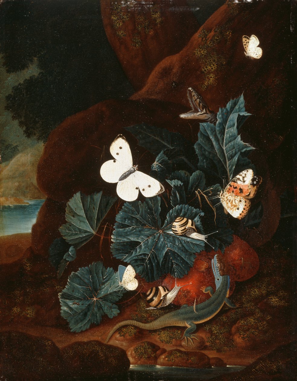 Ett skogsgolvsstilleben med en ödla, fjärilar, snigel och en orm (olja på panel) av Carl Wilhelm de Hamilton