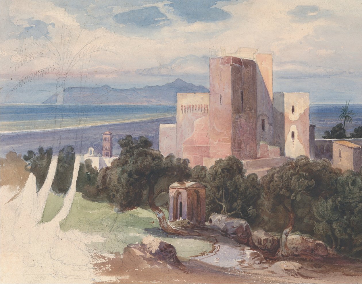 Utsikt över Terracina med Mount Circeo recto..., mitten av 1800-talet. av Carl von Blaas