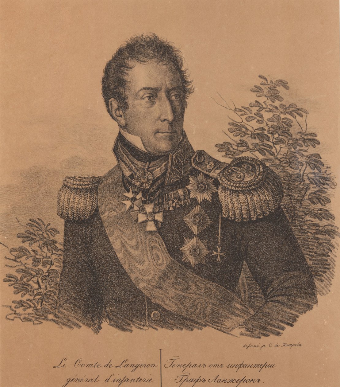 Porträtt av greve Alexandre Andrault de Langeron 1763-1831, 1820. av Carl von Hampeln