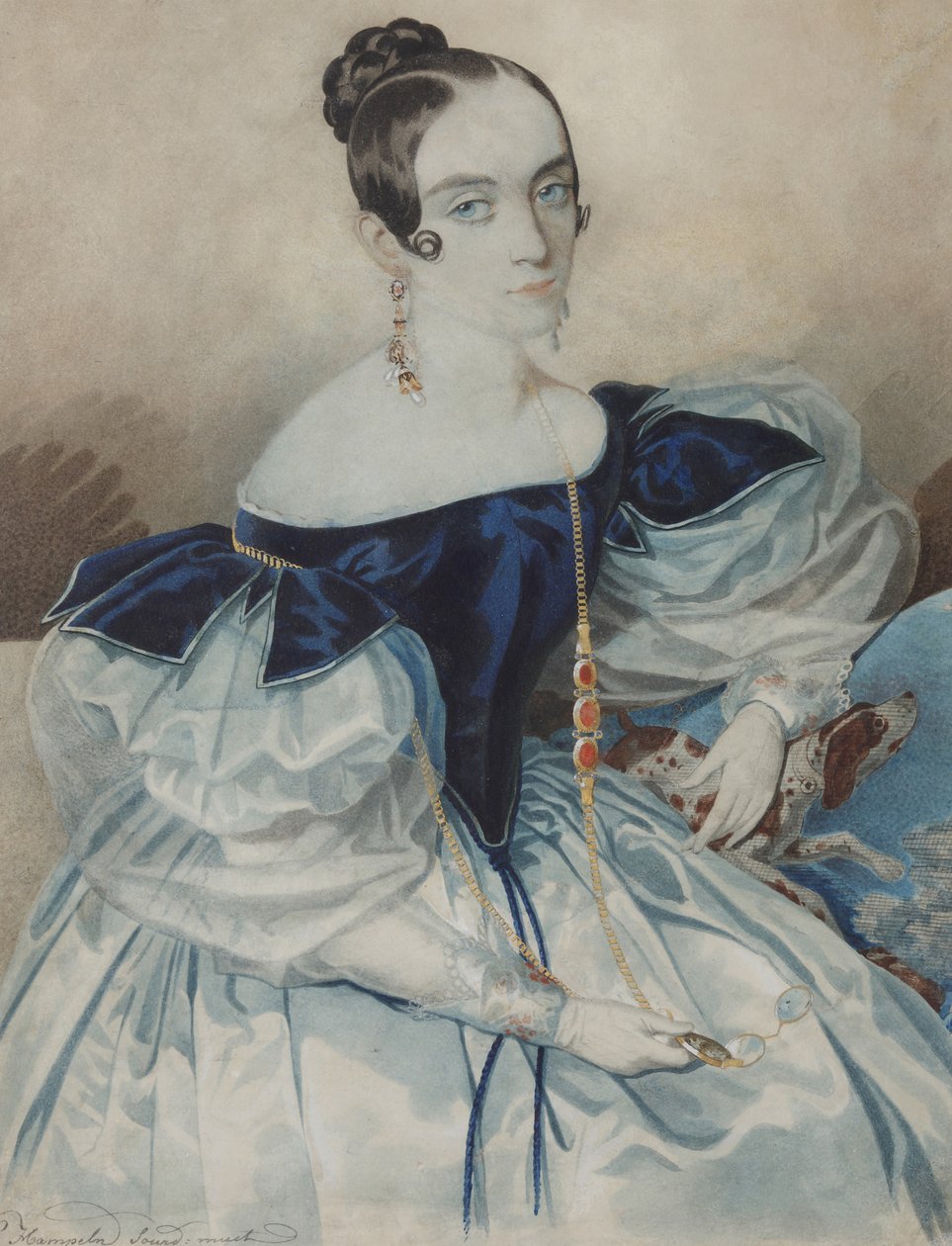 Porträtt av en dam med en Lorgnette, 1830-talet. av Carl von Hampeln