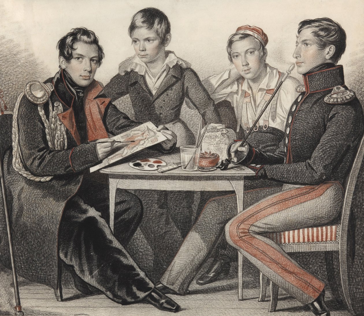 Porträtt av bröderna Konovnitsyn, 1825. av Carl von Hampeln