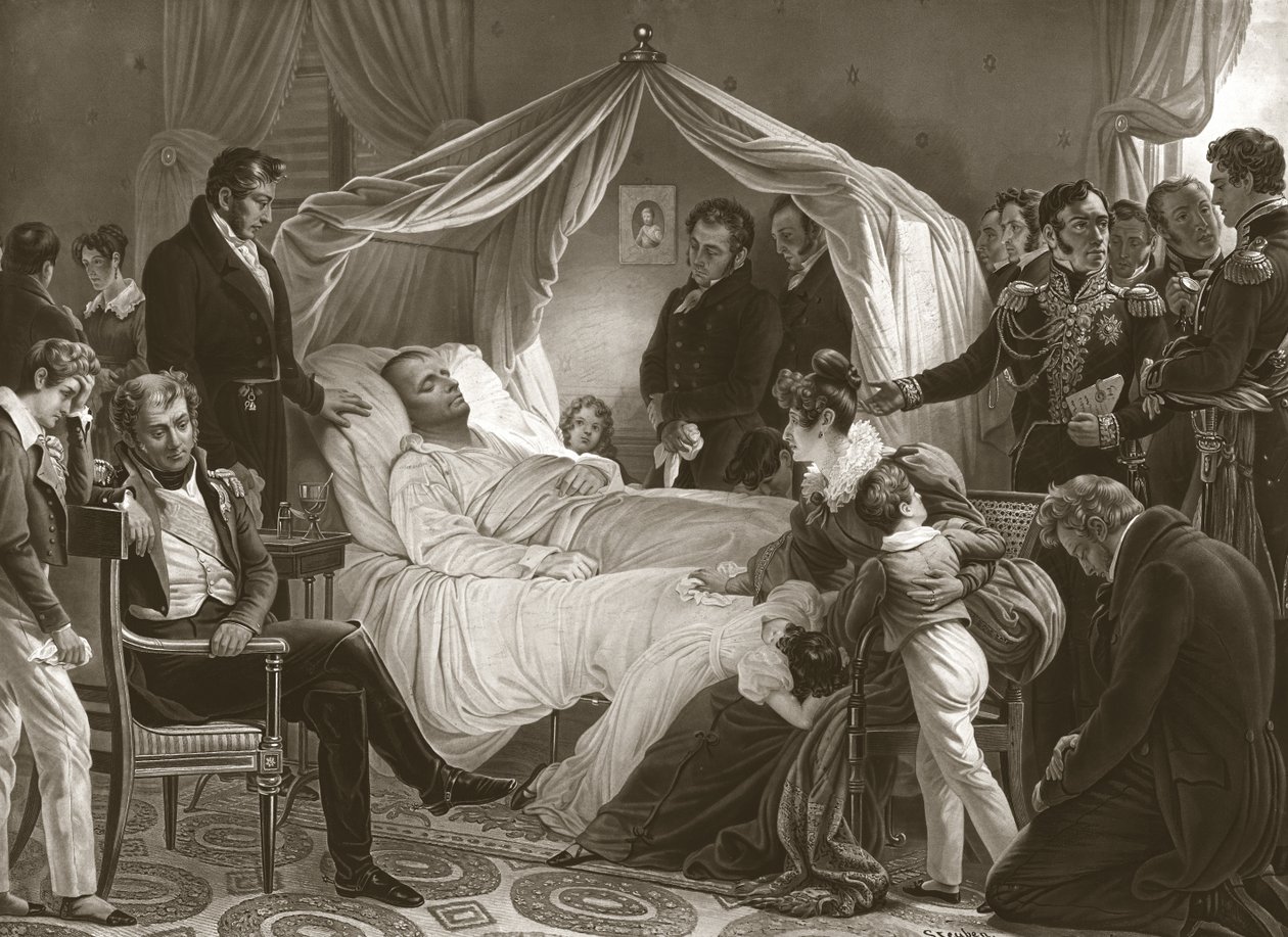 Napoleon på sin dödsbädd, 5 maj 1821, pub. gravyr. av Carl von Steuben