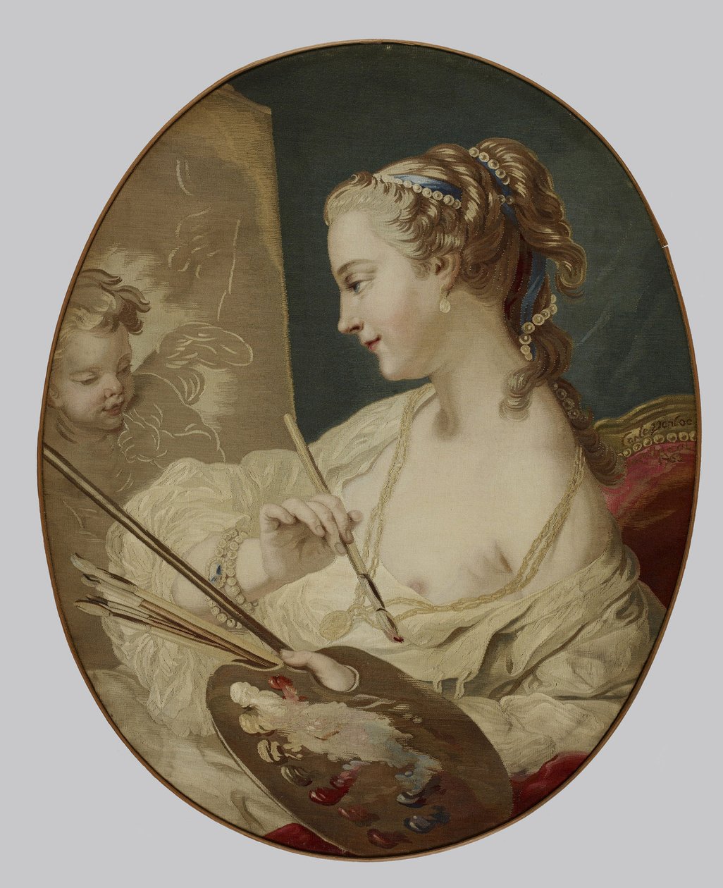 Allegorisk figur af en kvinde, der repræsenterer maleri, 1763 (silke på bomuldsfolie) sved av Carle van after Loo