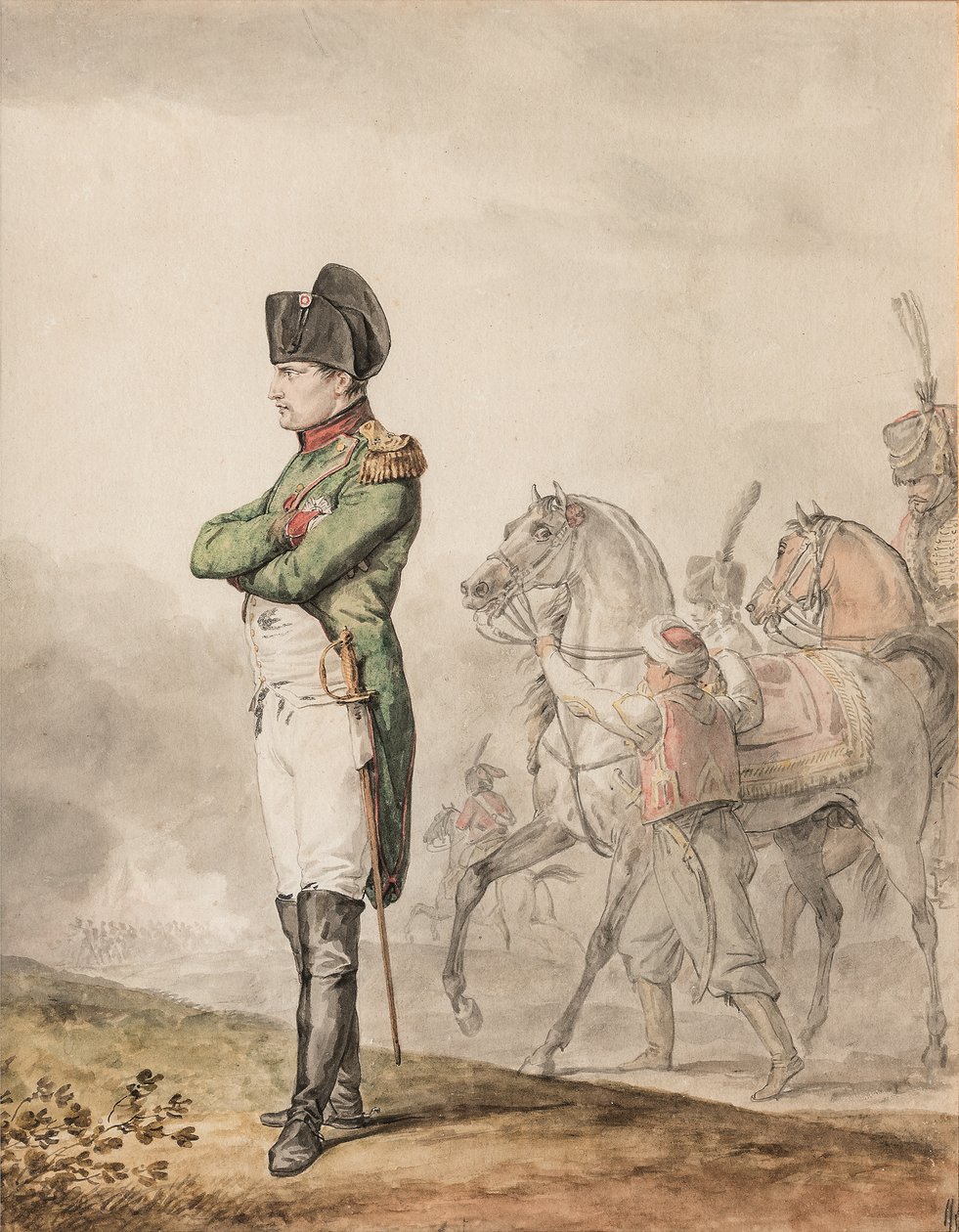 Kejsar Napoleon Bonaparte I (1769-1821) i Austerlitz (penna och akvarell förhöjda med vitt) av Carle (attr. to) Vernet