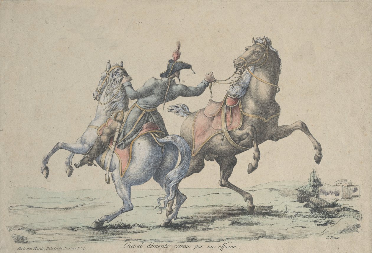 En nedstigen häst, tyglad av en officer, 1770-1836. av Carle Vernet