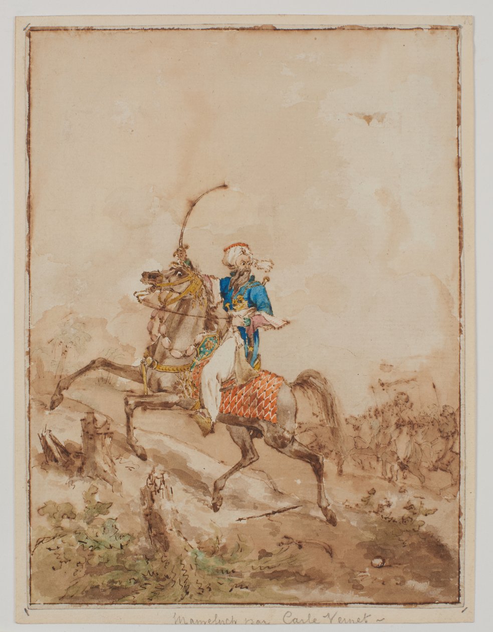 En arab på en laddad häst (akvarell, pensel, brun wash, penna och brunt bläck) av Carle Vernet