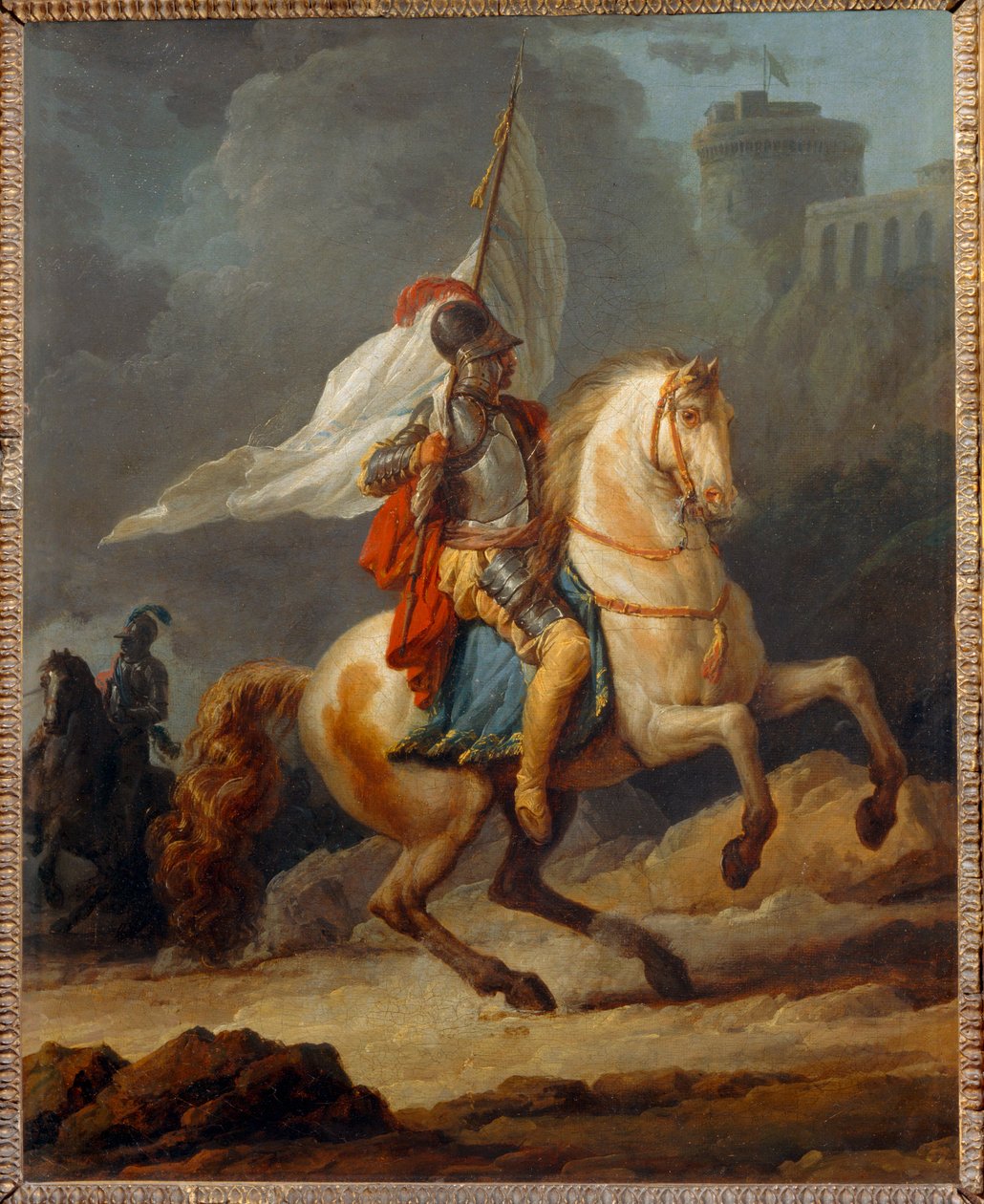 Cavalier en armure tenant un drapeau - Pansarriddare som bär en fana ... av Carle Vernet