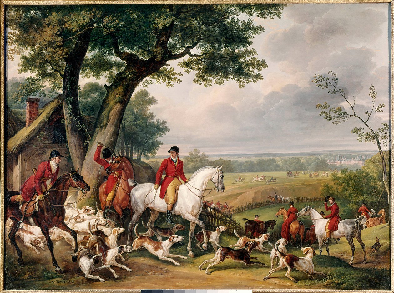 Jakt i skogen i Fontainebleau Målning av Antoine Vernet dit Carle (1758-1836) 1824 Gien. Jaktmuseum - Jakt i skogen i Fontainebleau. Målning av Antoine Vernet kallad Carle (1758-1836) 1824. Jaktmuseet, Gien-slottet, Frankrike av Carle Vernet