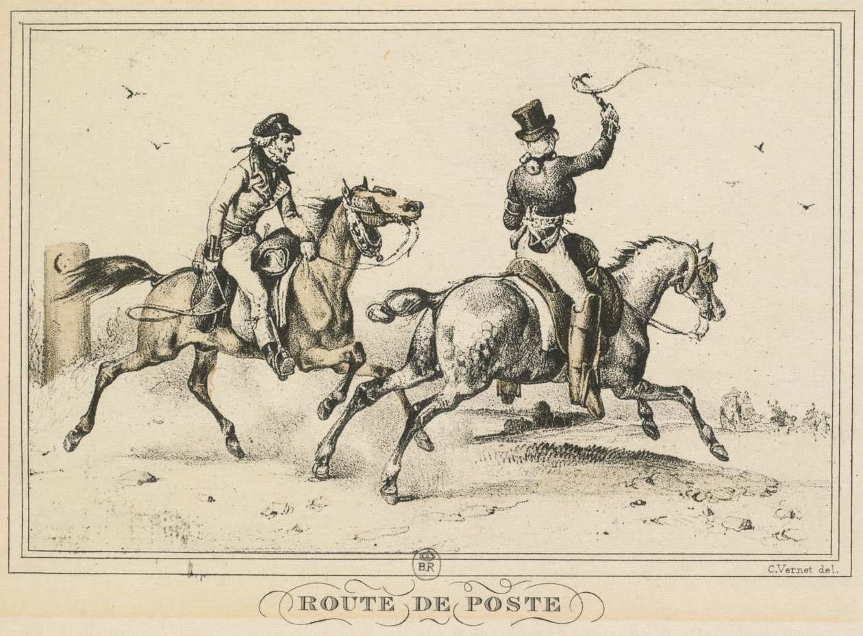 Scener av dagligt liv, vägar och stigar: Mail Route..., 1817. av Carle Vernet