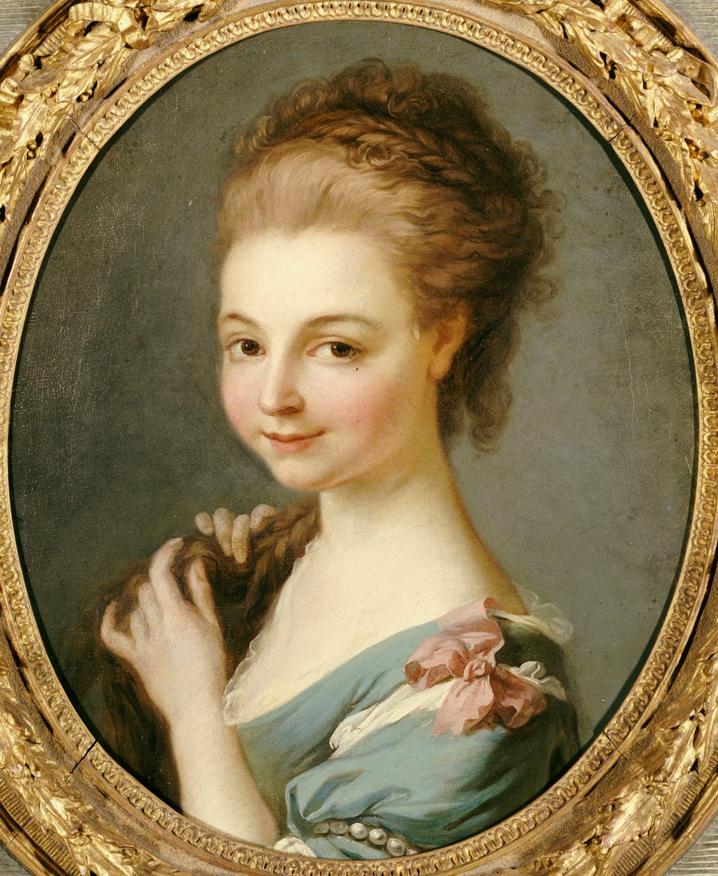 En flicka i en blå klänning med ett rosa band av Carle van Loo
