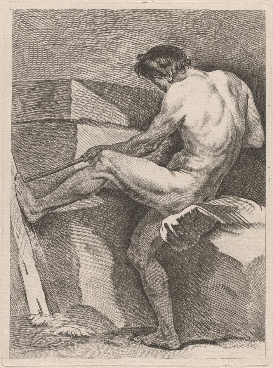 Man som drar ett rep, hans fot är spänd av Carle van Loo