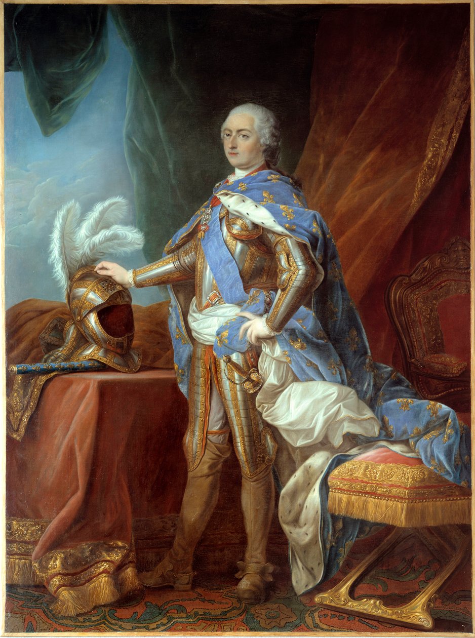 Porträtt till fots av Ludvig XV (1710-1774), i rustning, hand placerad på ett rodret. Målning av Carle Van Loo (1705-1765), olja på duk (271 x 193 cm) av Carle van Loo