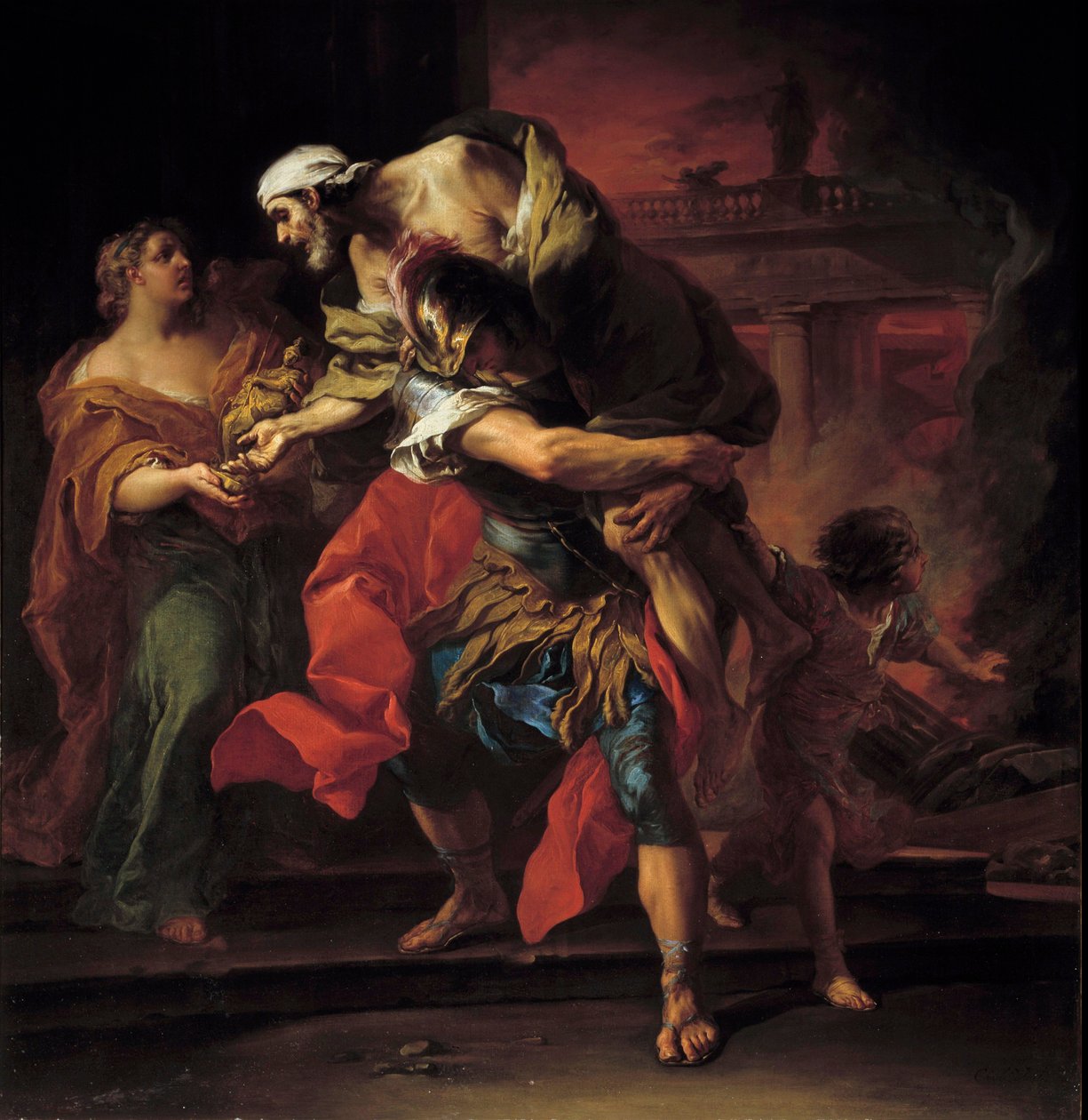 Trojakriget: ""Aeneas bär anchises"" Målning av Charles Andre (eller Carle) van Loo (1705-1765) Sön. 1,1x1,05m av Carle van Loo