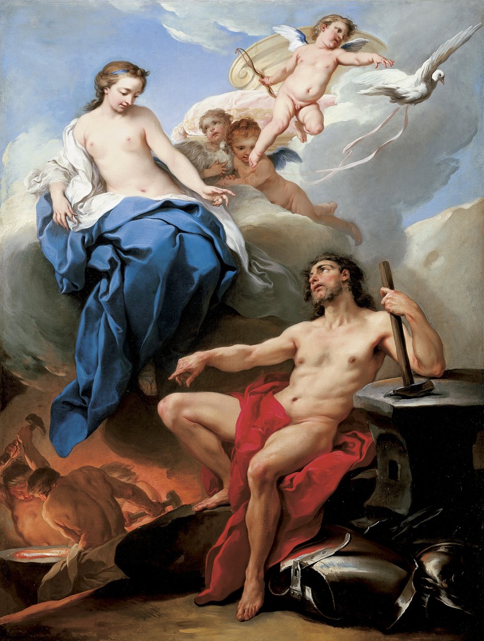 Venus ber Vulcan att göra vapen åt Aeneas (olja på duk) av Carle van Loo