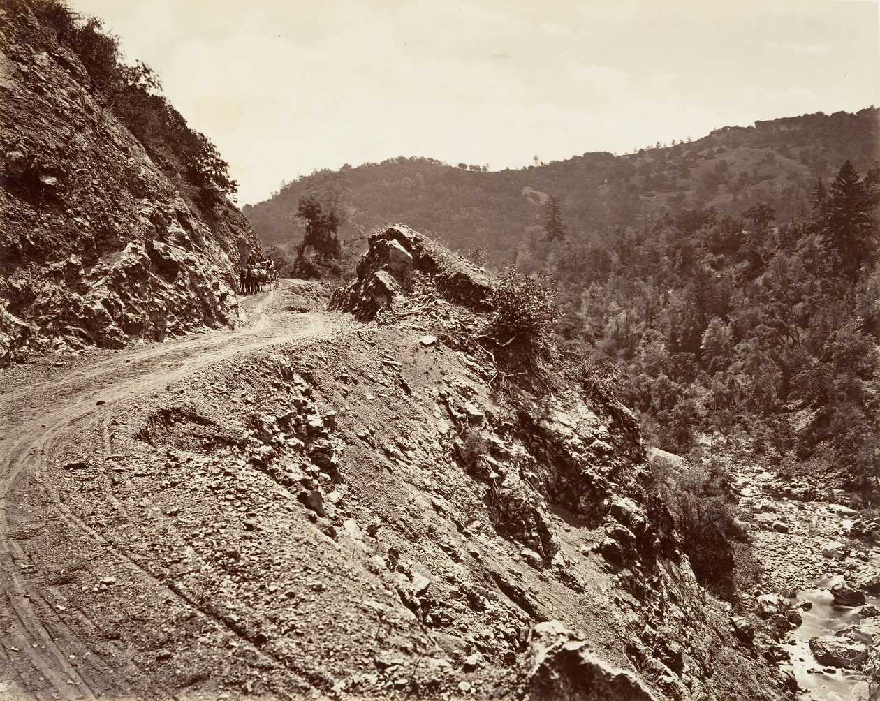 Sulphur Creek and Flume-road to Geysers, 1868-70, tryckt ca. 1876. av Carleton Emmons Watkins
