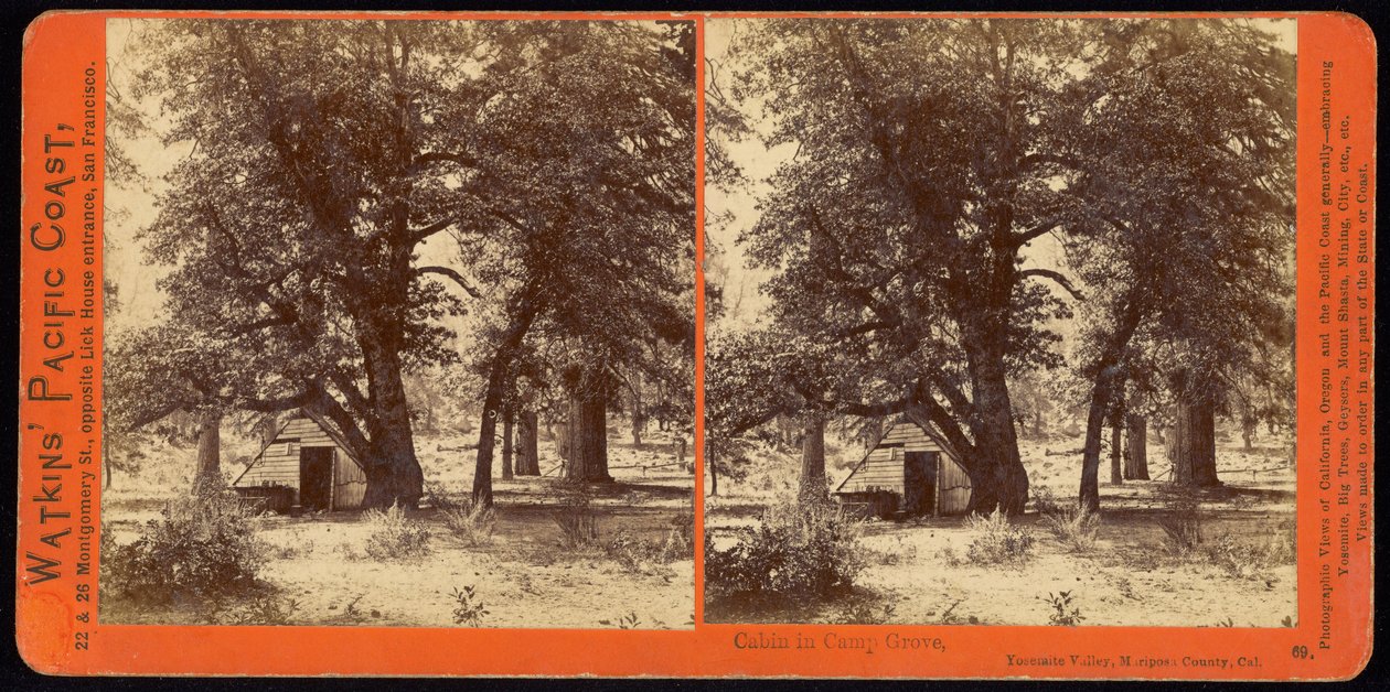 Stuga i Camp Grove, Yosemite Valley, Mariposa County, Ca av Carleton Watkins