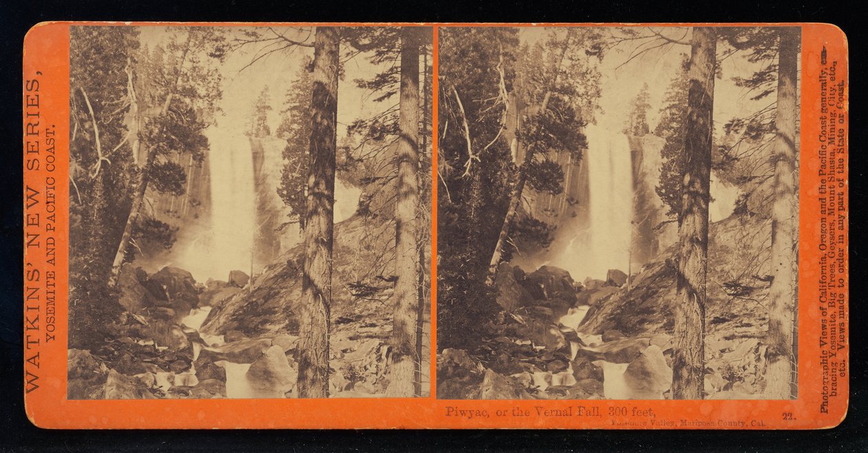 Bild, av Vernal Fall på lågt vatten, 300 fot, Yosemite Valley, Mariposa County, Cal av Carleton Watkins