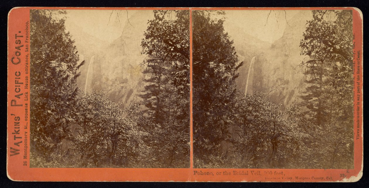 Pohono, eller brudslöjan, 900 fot, Mariposa County, Ca av Carleton Watkins