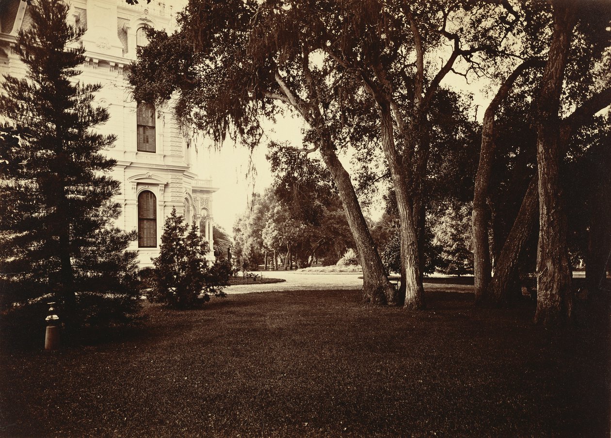 (Thurlow Lodge - gräsmatta och hus. Från Barron Cluster.) av Carleton Watkins