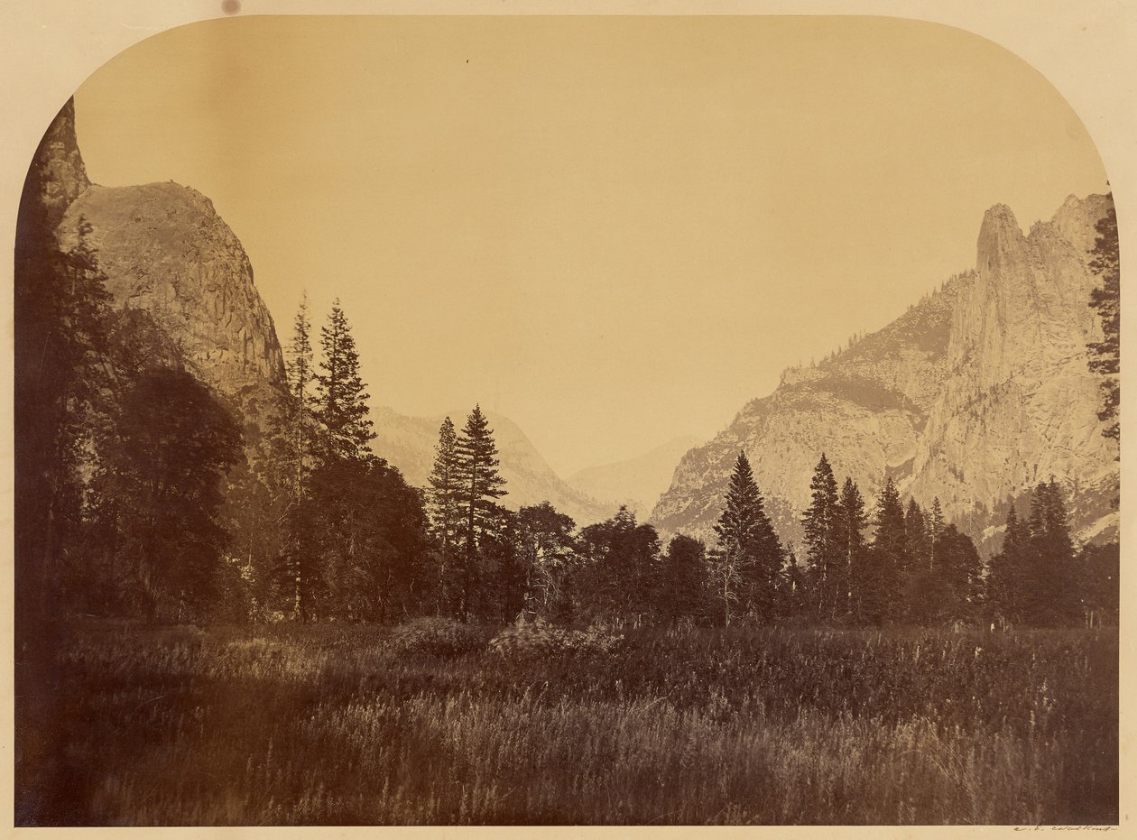 Yosemite, vy över dalbottnen med Sentinel Rock till höger av Carleton Watkins