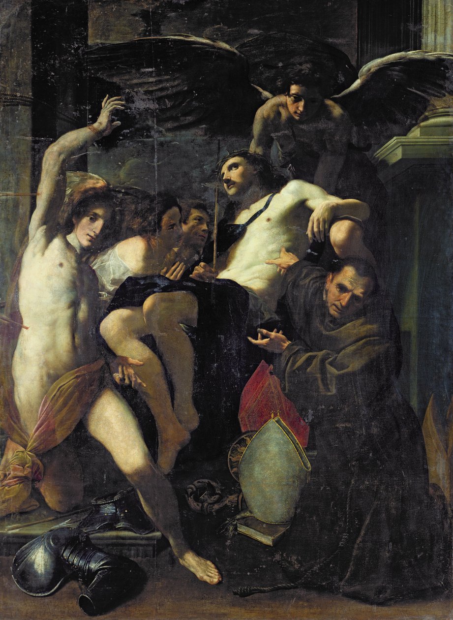 Kristus älskad av änglar, St. Sebastian och St. Bonaventure av Carlo Bononi