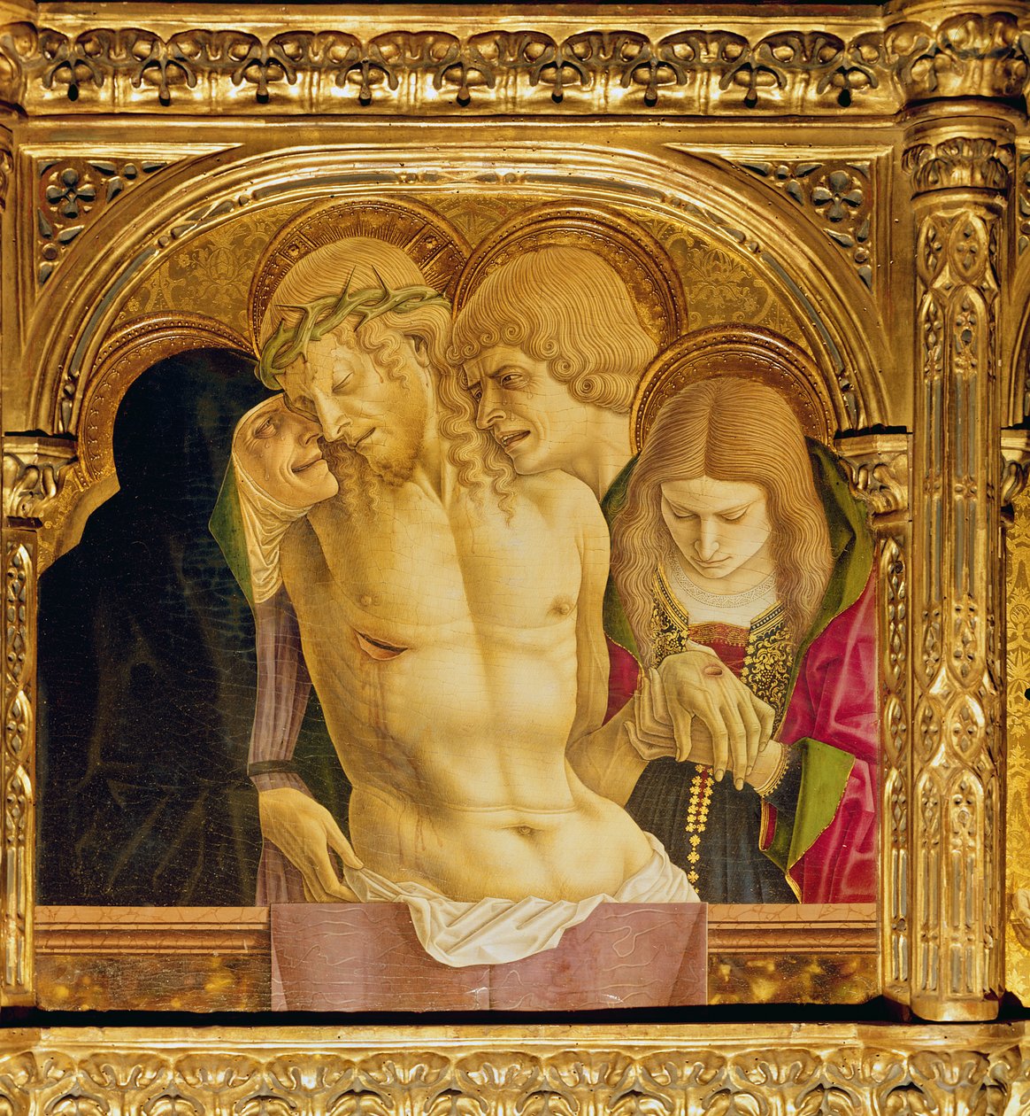 Altartavla av St Emidio, polyptyk, detalj av Pieta, 1473 tempera på trä av Carlo Crivelli