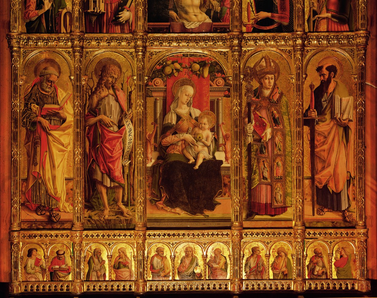 Altartavla av St Emidio, polyptyk, detalj av Jungfrun och de heliga Saint Paul, Saint John the Baptist, Saint Etienne och Saint Paul, från vänster till höger, 1473 tempera på trä av Carlo Crivelli