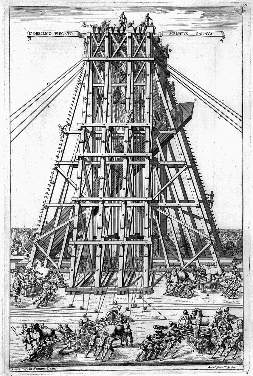 Att resa den forntida egyptiska obelisken på Petersplatsen i Rom, graverad av Alessandro Specchi av Carlo Fontana
