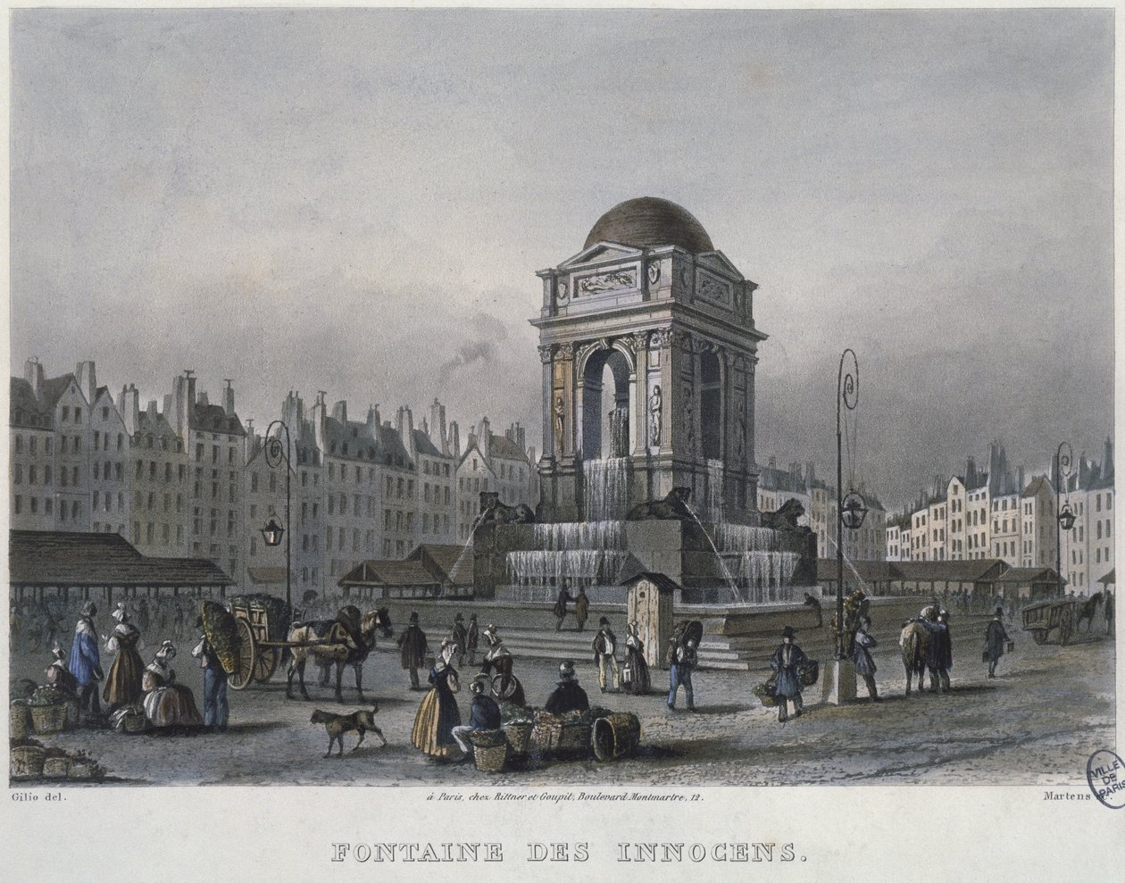 The Fountain of the Innocents, Paris, graverad av Frederic Martens (1809-75) 1832 (färgstick) av Carlo Gilio