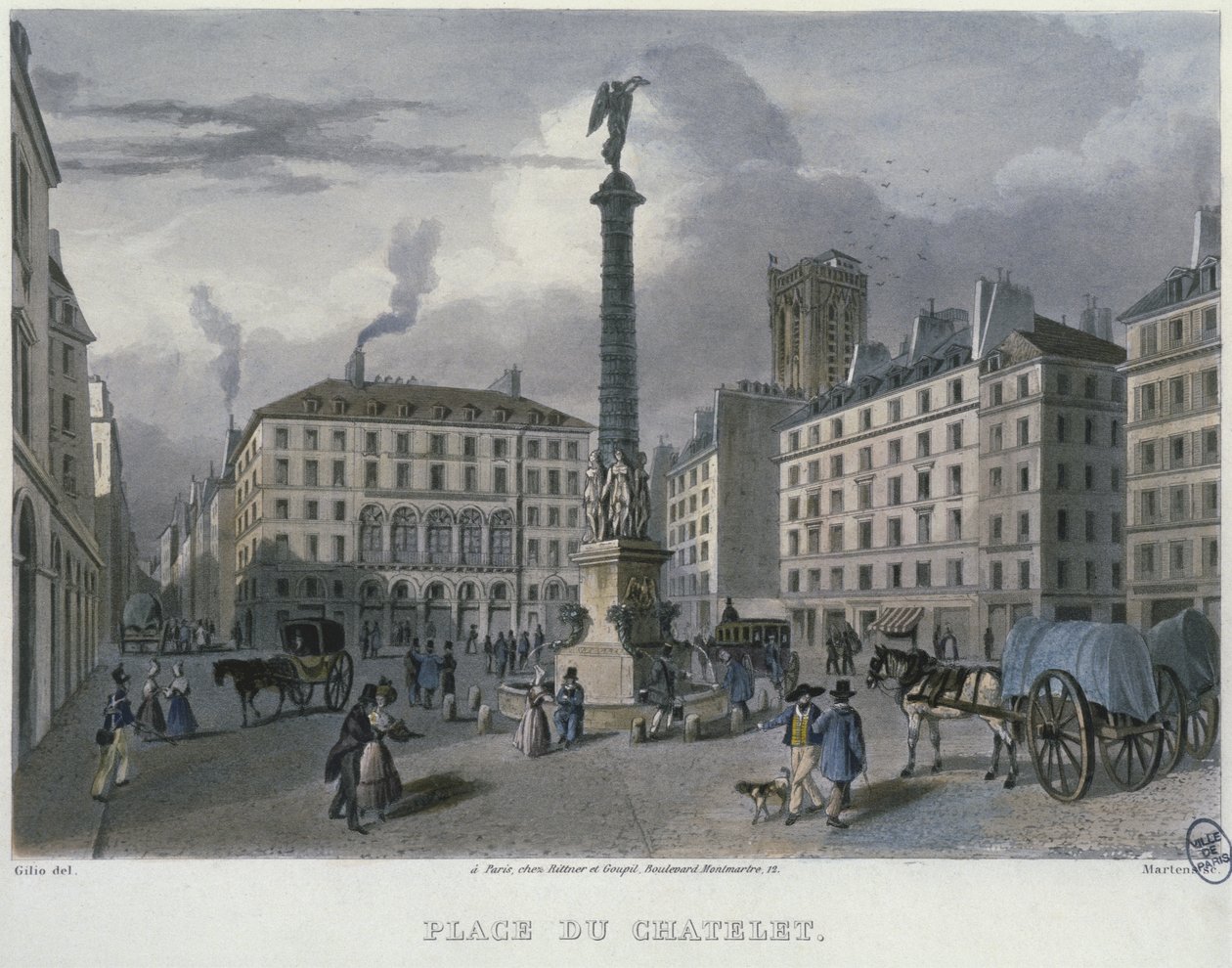 Place du Chatelet, Paris, graverad av Frederic Martens (1809-75) 1832 (färgstick) av Carlo Gilio