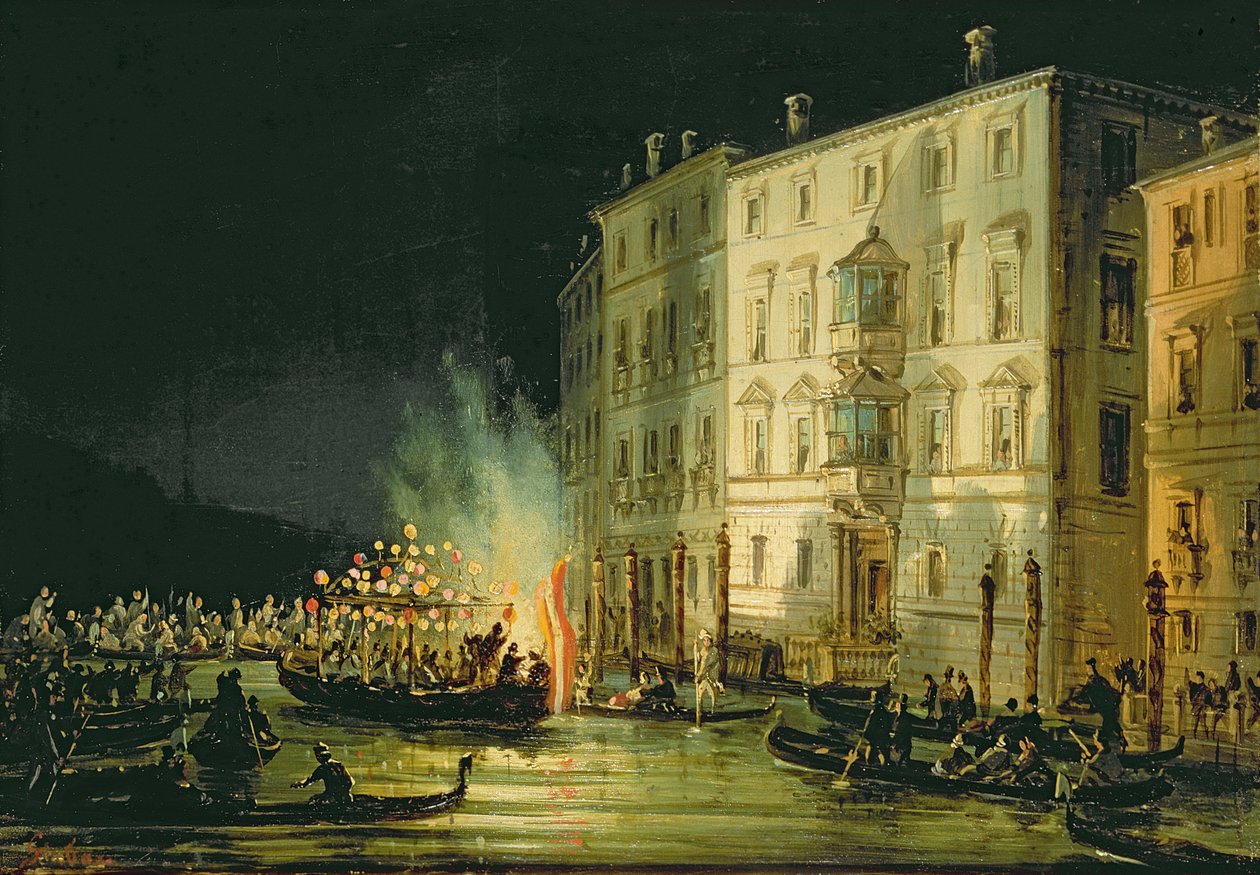 Venetianska kanalen på natten med festligheter och fyrverkerier av Carlo Grubacs