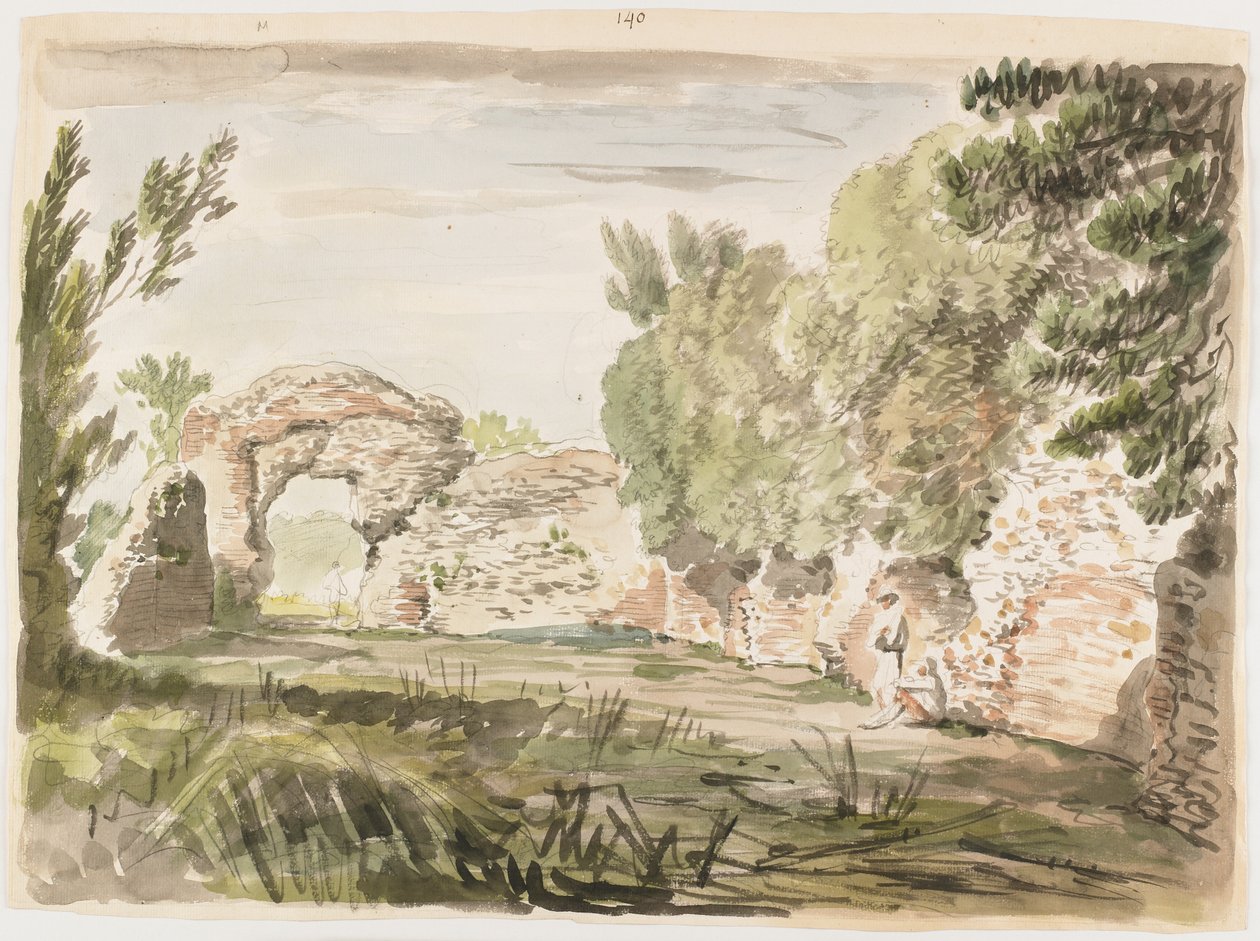 Landskap med träd, ruin och tre figurer (wc och grafit på papper) av Carlo Labruzzi