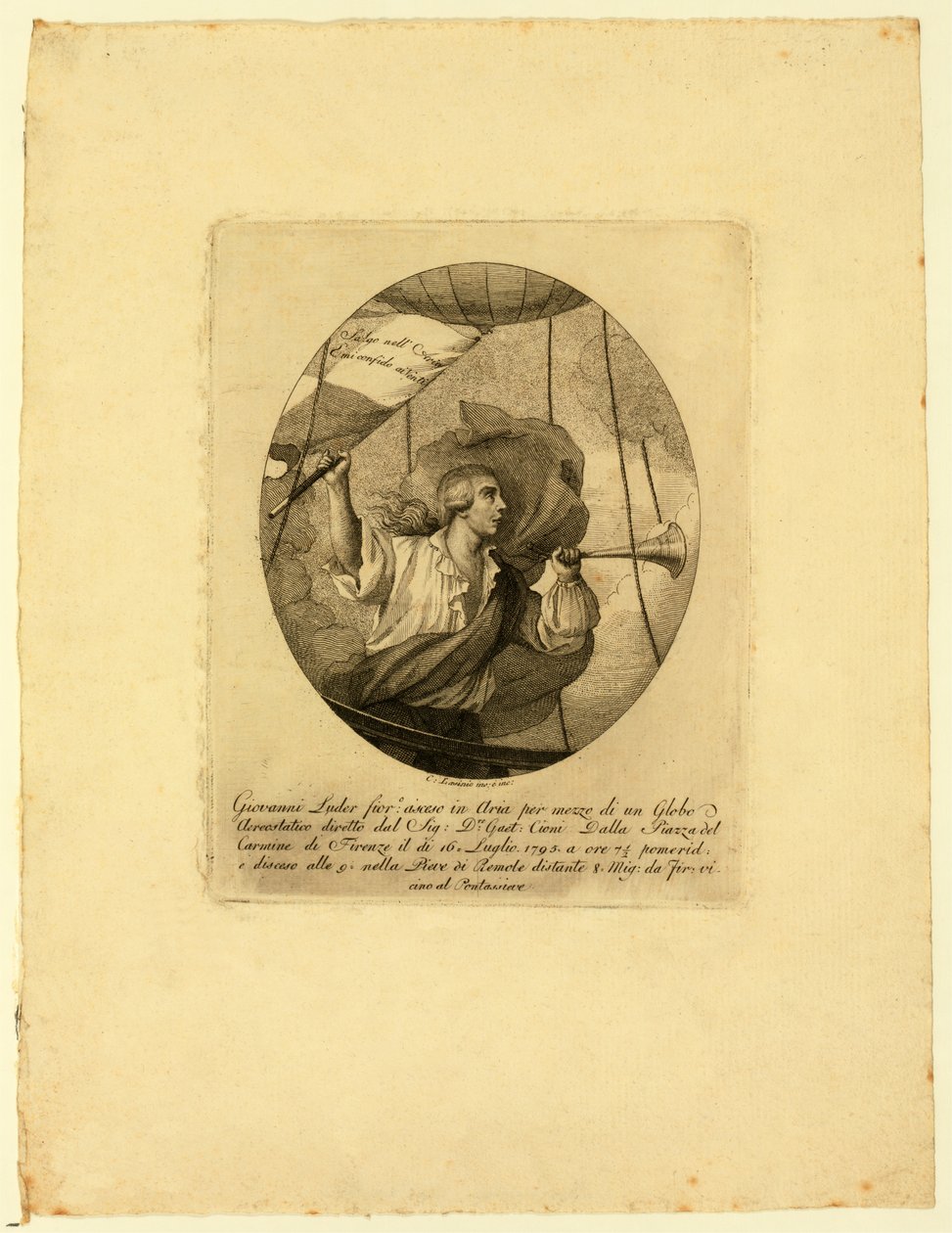 Giovanni Battista Luder, stående i en ballongkorg under en bestigning över Florens, 1795-1850 av Carlo Lasinio