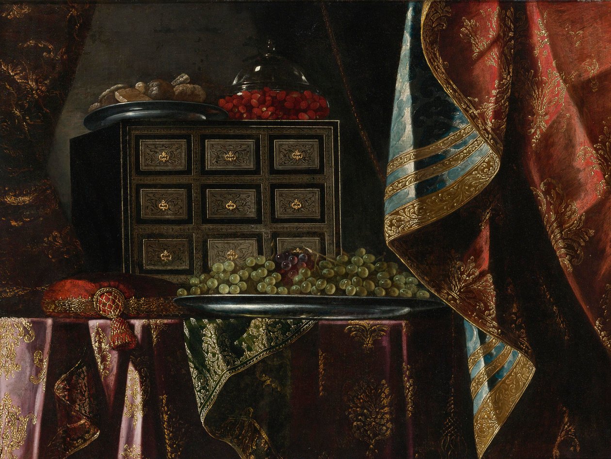 Stilleben av ett bröst, frukt och andra föremål på ett Brocade Draperat bord av Carlo Manieri