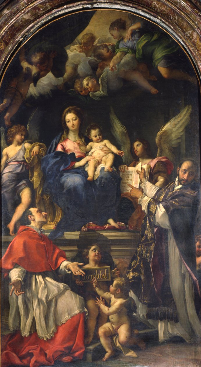 Jungfrun tronade mellan de heliga Carlo Borromeo och Ignatius av Loyola, ca 1685 av Carlo Maratta or Maratti