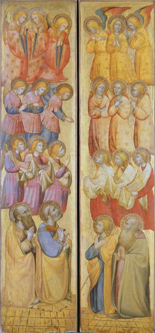 Vänster panel: St. Peter och St. Paul med änglar; Höger panel: St. James and St. Andrew with Angels, c.1400 (tempera med guld på panel) av Carlo da Camerino