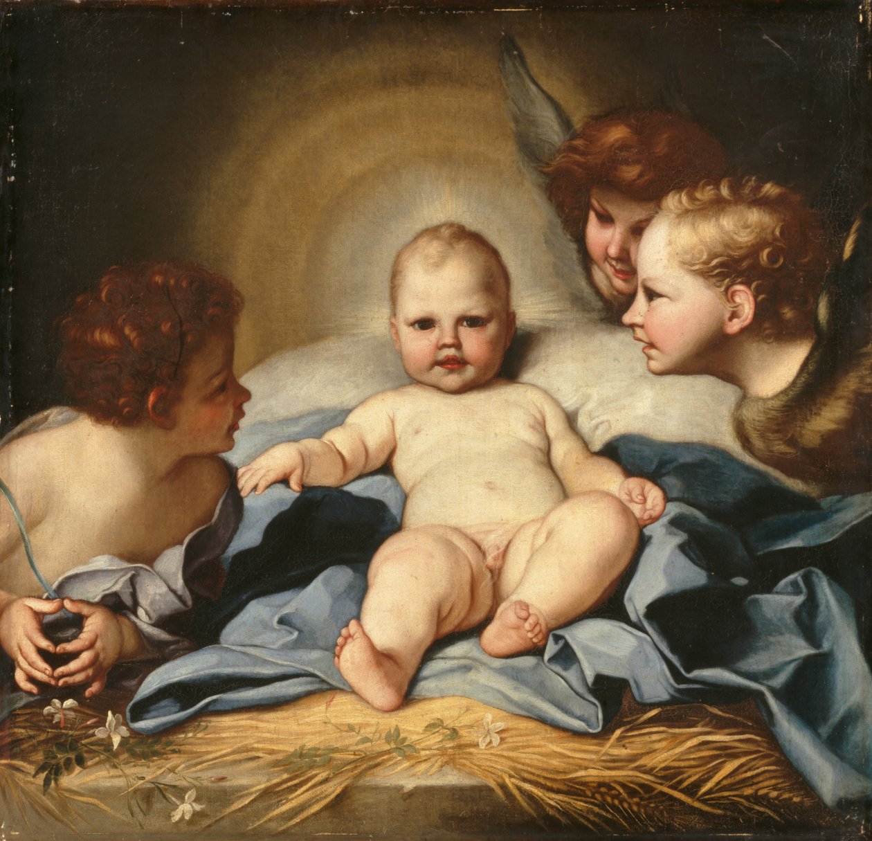 Spädbarnet Kristus med änglar och spädbarnet Johannes Döparen (olja på duk) av Carlo (follower of) Maratta or Maratti