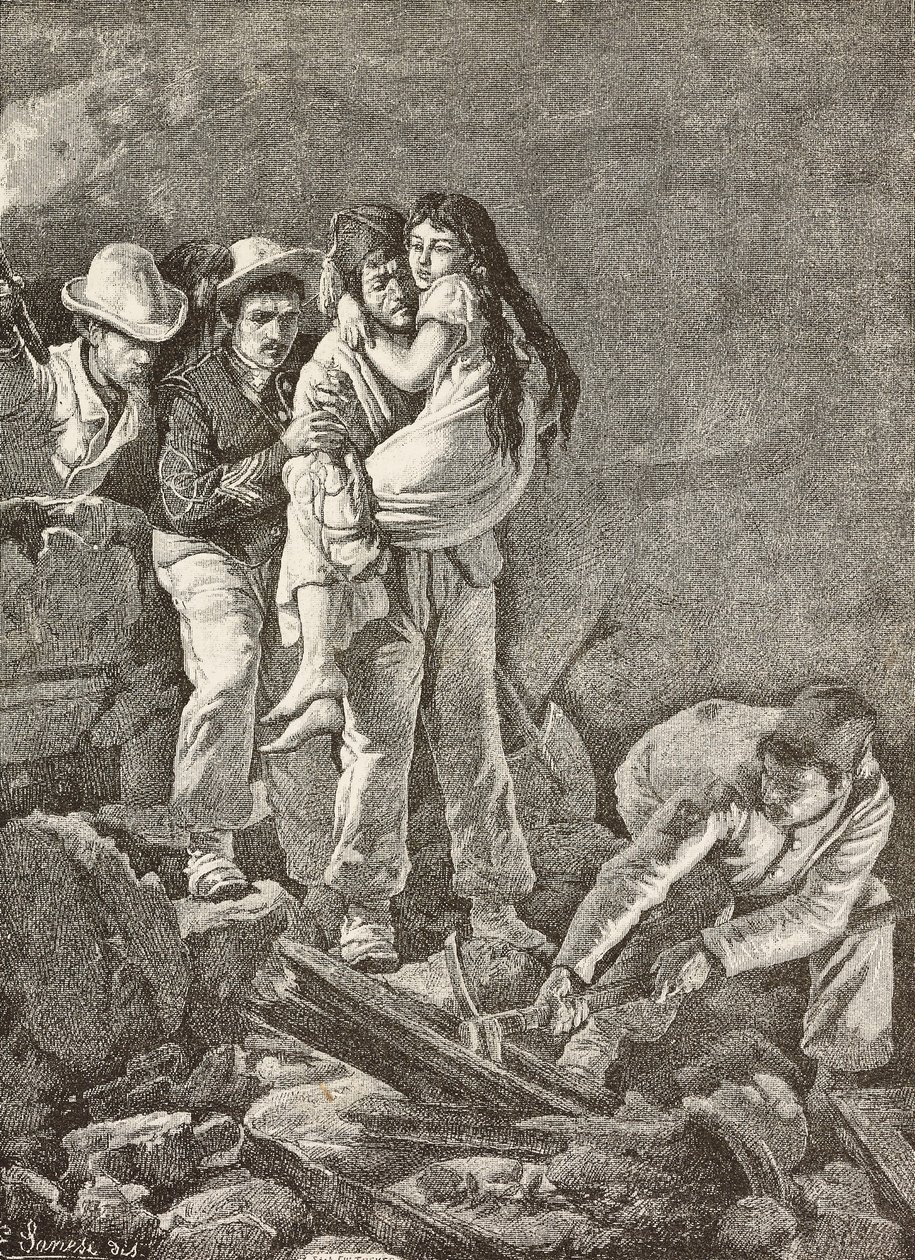 En flicka räddas efter att hennes hem kollapsade, jordbävningen i Casamicciola, Italien, gravyr från en teckning av E Sanesi och en målning av Carlo Ademollo (1824-1911), från L