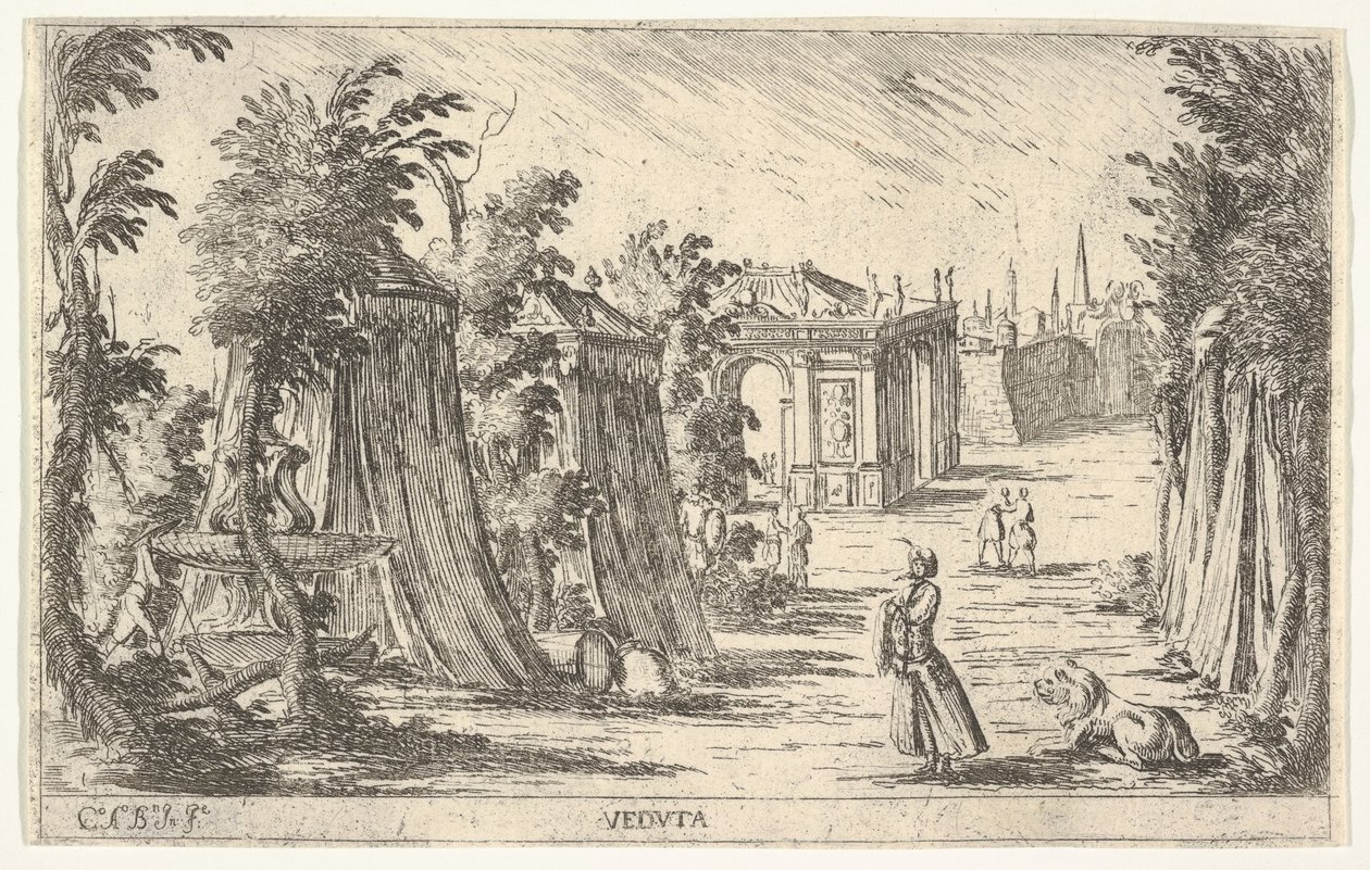 Vy med en man i turban och ett lejon stående till höger, tält och klassisk arkitektur..., 1680-1710. av Carlo Antonio Buffagnotti