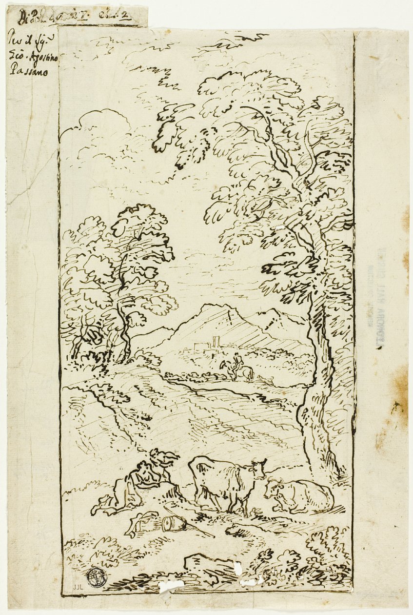 Kuperat landskap med kor och herdar i förgrunden av Carlo Antonio Tavella
