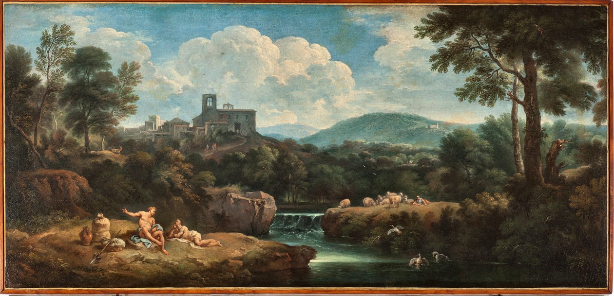 Landskap med flod, arbetare klädda i antikt mode och en by Målning av Carlo Antonio Tavella dit Il Solfarola (1668-1738) Musei di Strada Nuova (ex Palazzo Bianco) Genes, Italien av Carlo Antonio Tavella