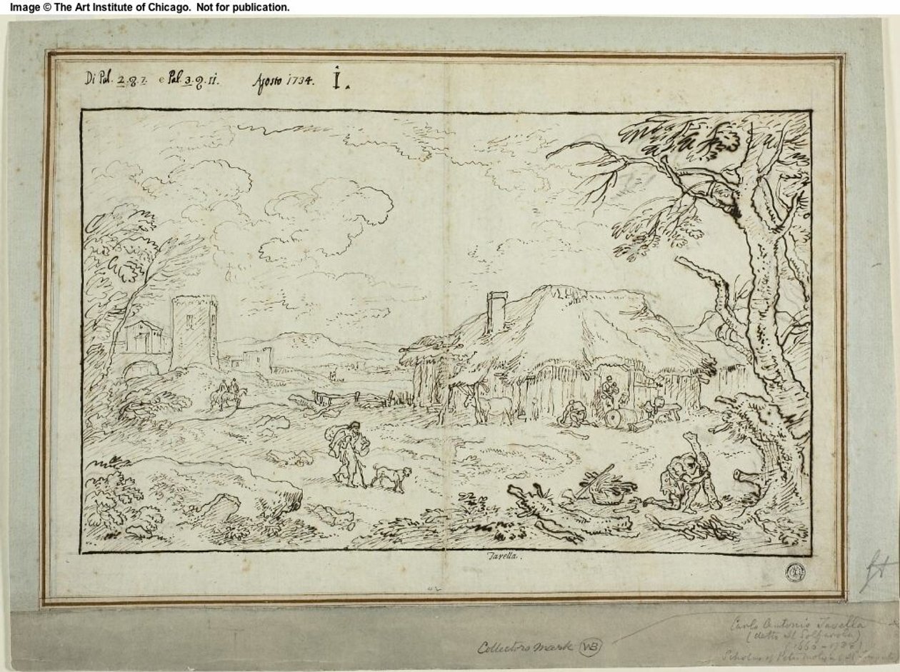 Vägkorsning på landsbygden, med lantbruksbyggnader i förgrunden av Carlo Antonio Tavella