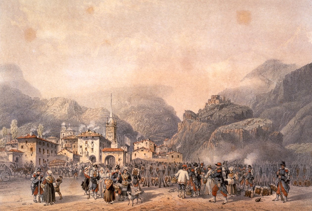 Franskt läger i Susa 1859, av Carlo Bossoli (1815-1884), gravyr. Andra frihetskriget, Italien 1800-talet. av Carlo Bossoli