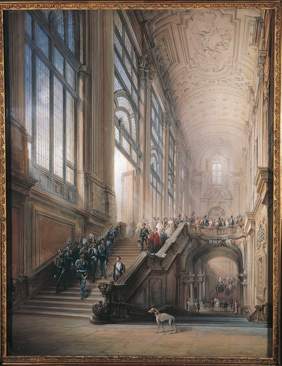 Kung Victor Emmanuel II, Cavour, ministrar och hovet går nedför trappan i Senaten i Turin, efter öppningsanförande i det subalpina parlamentet av Carlo Bossoli