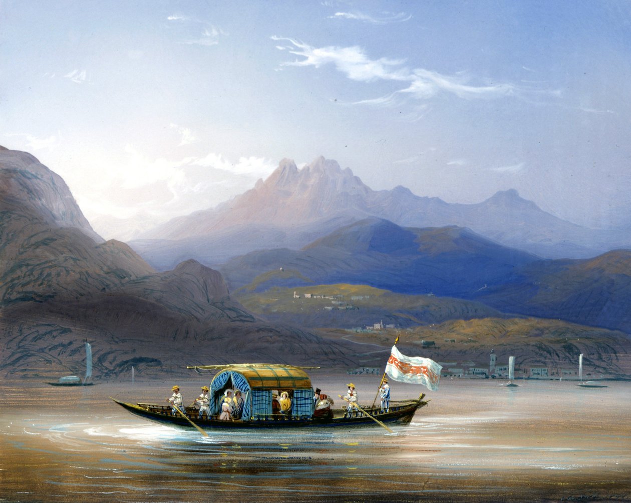 Comosjön. En båt. I bakgrunden kan du se berget Groma, ca 1830. Bossolimålning. Como, privat al. av Carlo Bossoli