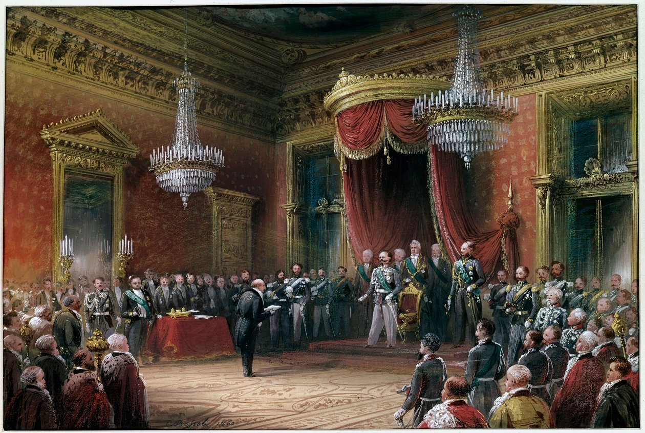 Risorgimento - Carlo Farini (1812-1866) presenterar Victor Emmanuel II (Victor Emmanuel) (1820-1878) pakten om annektering av Emilia Romagna 1860 (olja på duk) av Carlo Bossoli
