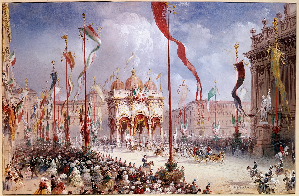 Risorgimento - Victor-Emmanuel II (Victor-Emmanuel) (Vittorio Emanuele) (1820-1878) vid öppnandet av det italienska parlamentet den 02/04/1860 (olja på duk) av Carlo Bossoli