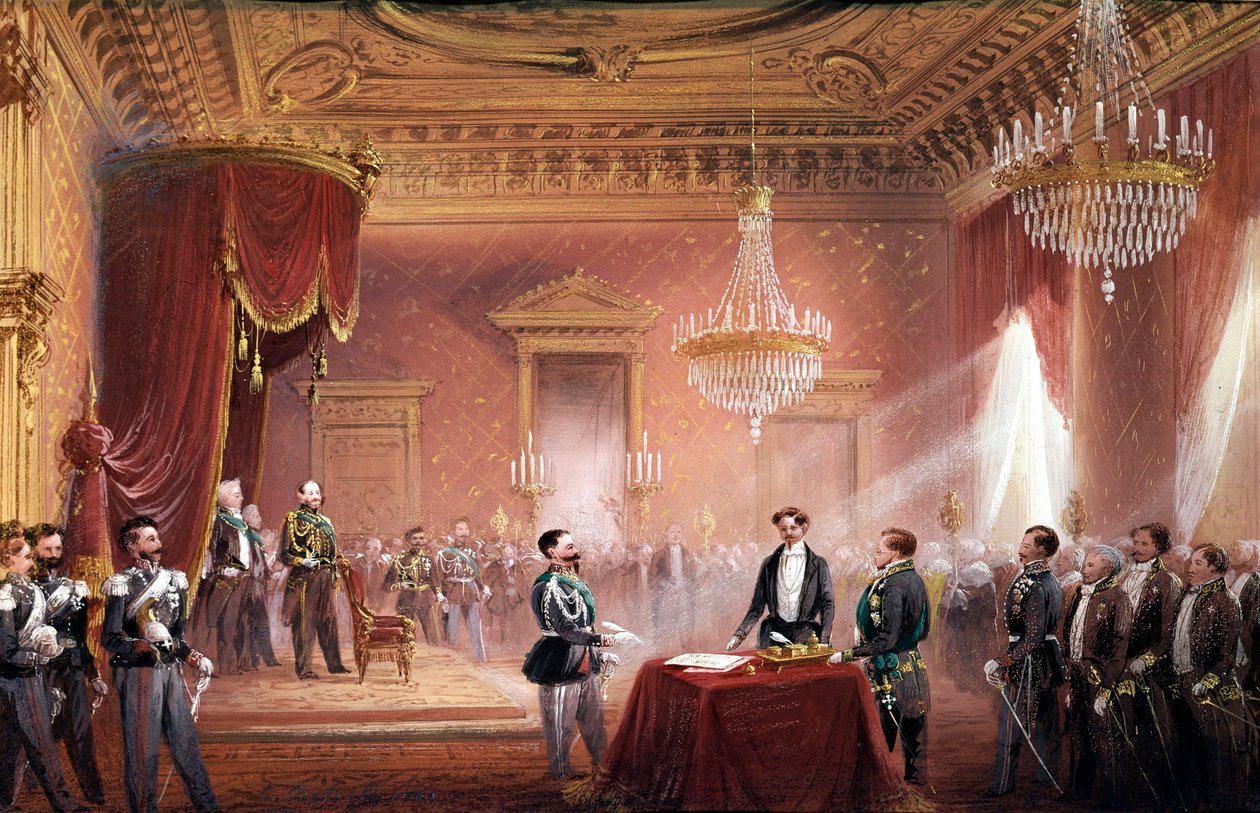 Risorgimento - Victor Emmanuel II (Victor Emmanuel) (Vittorio Emanuele) (1820-1878) undertecknade fördraget om annekteringen av Toscana som presenterades av Bettino Ricasoli (1809-1880) den 22 mars av Carlo Bossoli