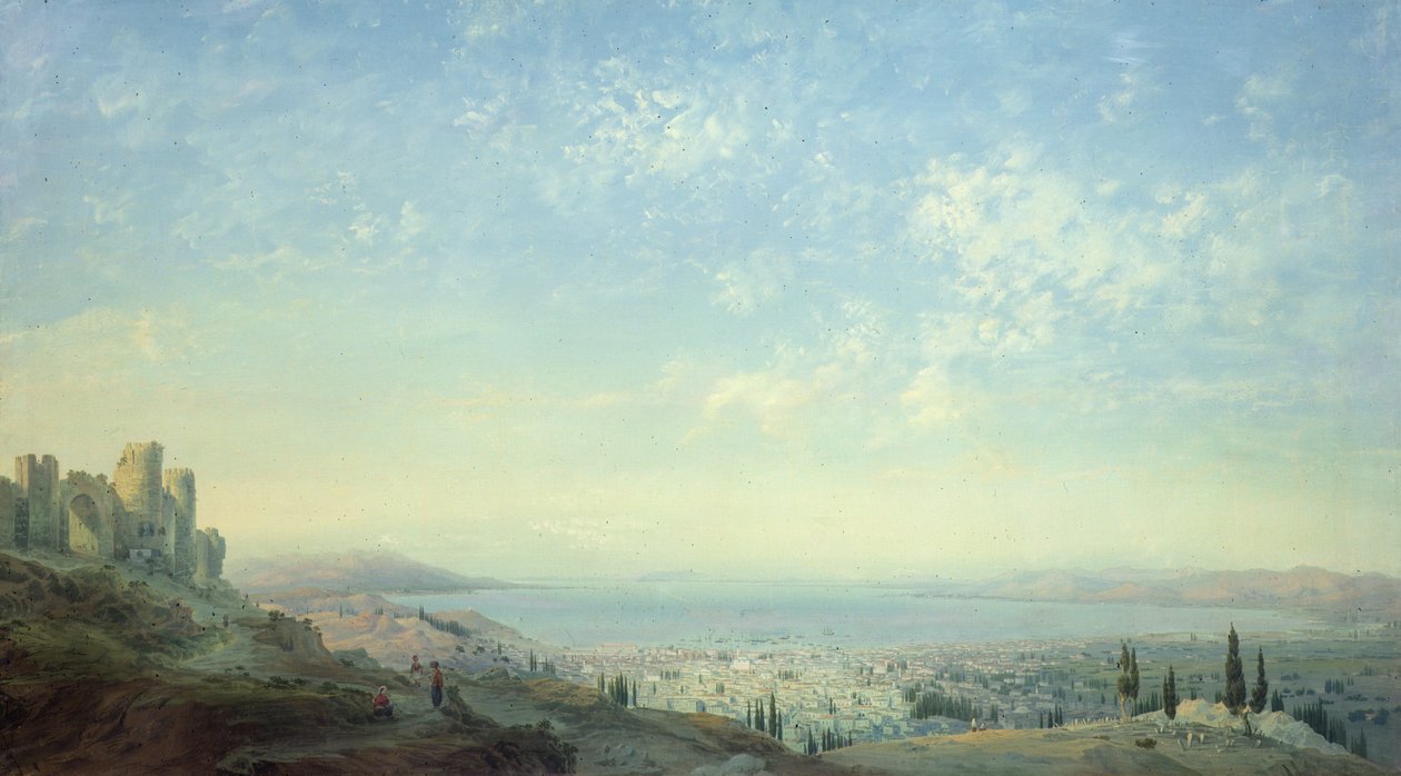 Smyrna från citadellet på berget Pagus, Cesme-halvön och Bornoras trädgårdar med Phocaeas kust, 1839 (tempera på linne) av Carlo Bossoli