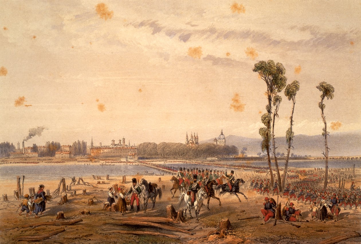 Fransmännen passerade Sesia vid Vercelli 1859, av Carlo Bossoli (1815-1884), gravyr. Andra frihetskriget, Italien av Carlo Bossoli